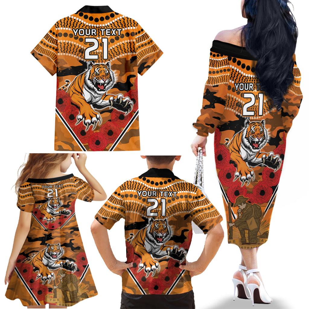 Custom Wests Tigers Rugby ANZAC Family Matching Off Shoulder Long Sleeve Dress and Hawaiian Shirt Aboriginal and Army Patterns