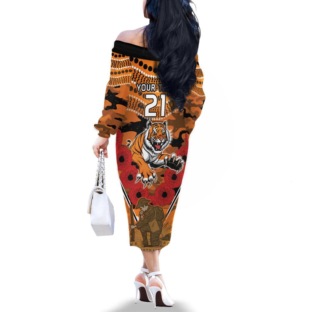 Custom Wests Tigers Rugby ANZAC Family Matching Off Shoulder Long Sleeve Dress and Hawaiian Shirt Aboriginal and Army Patterns