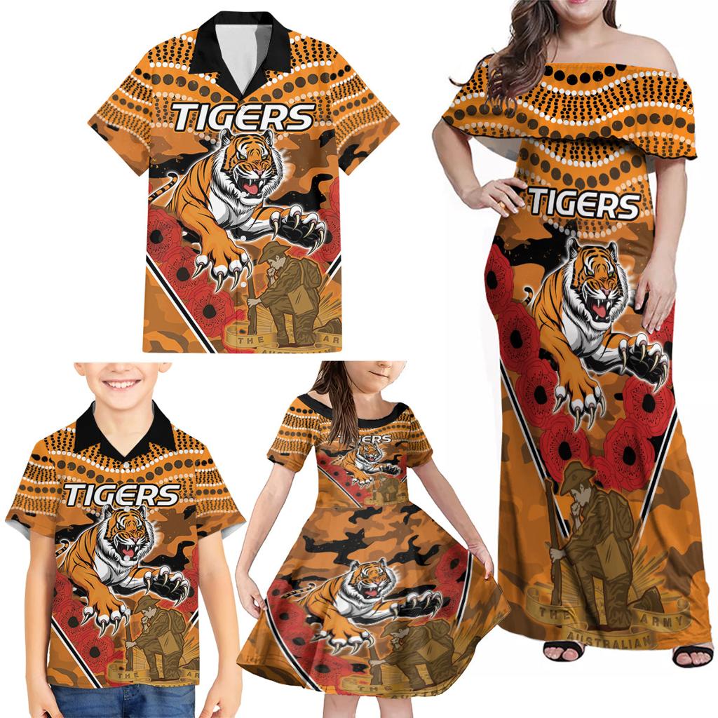 Custom Wests Tigers Rugby ANZAC Family Matching Off Shoulder Maxi Dress and Hawaiian Shirt Aboriginal and Army Patterns