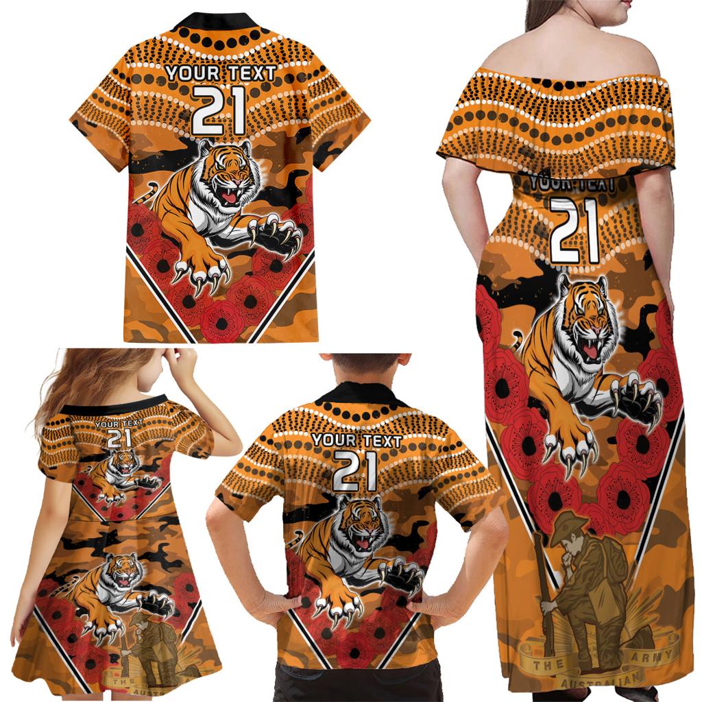 Custom Wests Tigers Rugby ANZAC Family Matching Off Shoulder Maxi Dress and Hawaiian Shirt Aboriginal and Army Patterns