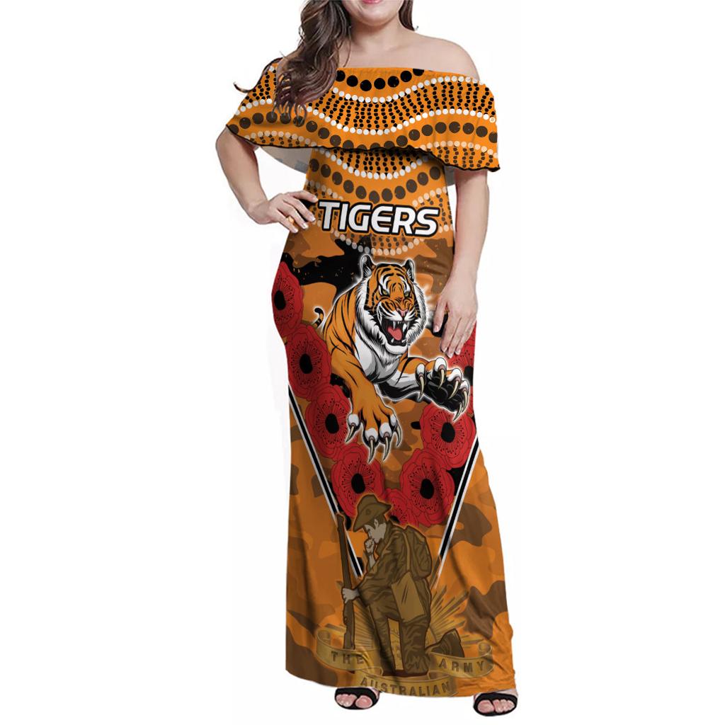 Custom Wests Tigers Rugby ANZAC Family Matching Off Shoulder Maxi Dress and Hawaiian Shirt Aboriginal and Army Patterns