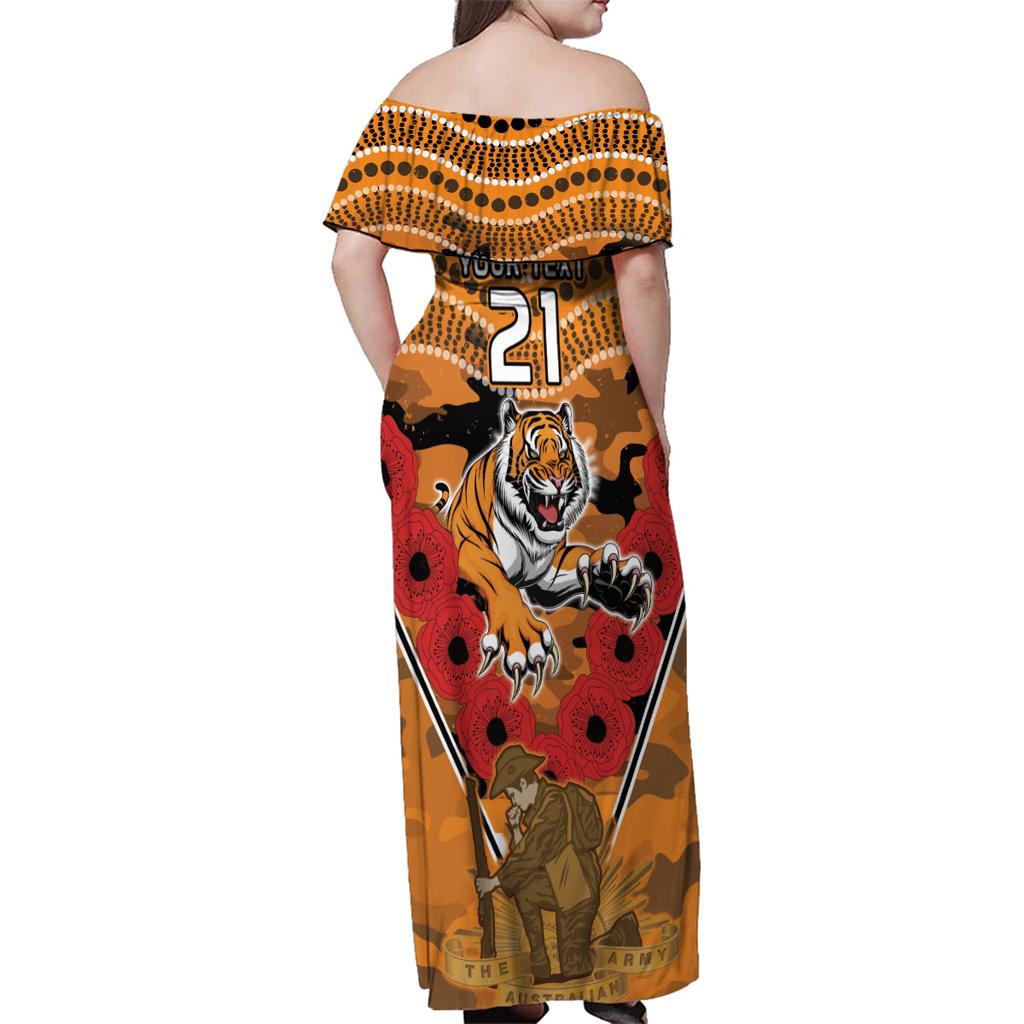 Custom Wests Tigers Rugby ANZAC Family Matching Off Shoulder Maxi Dress and Hawaiian Shirt Aboriginal and Army Patterns