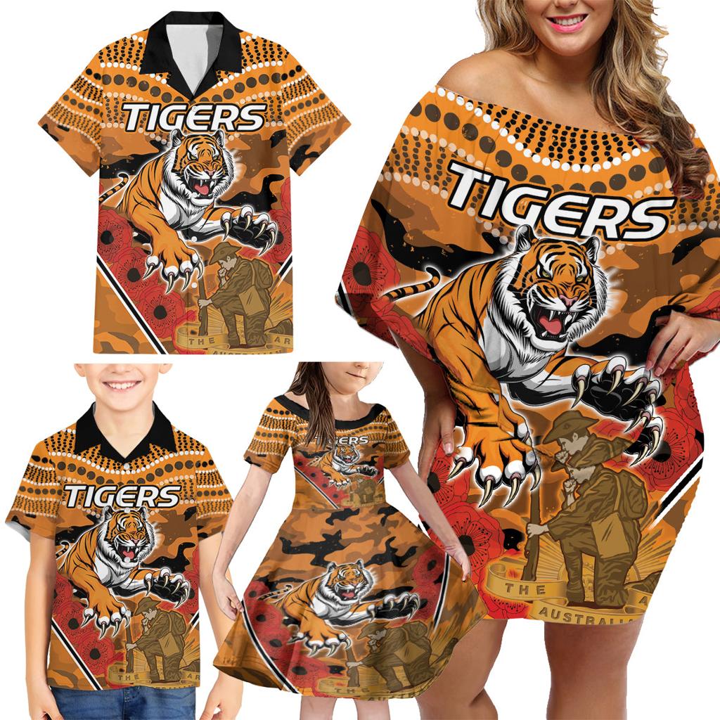 Custom Wests Tigers Rugby ANZAC Family Matching Off Shoulder Short Dress and Hawaiian Shirt Aboriginal and Army Patterns