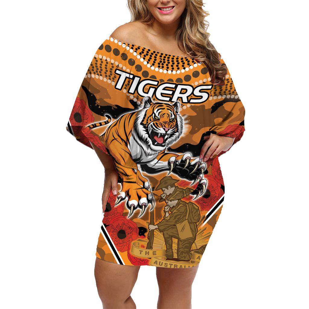 Custom Wests Tigers Rugby ANZAC Family Matching Off Shoulder Short Dress and Hawaiian Shirt Aboriginal and Army Patterns