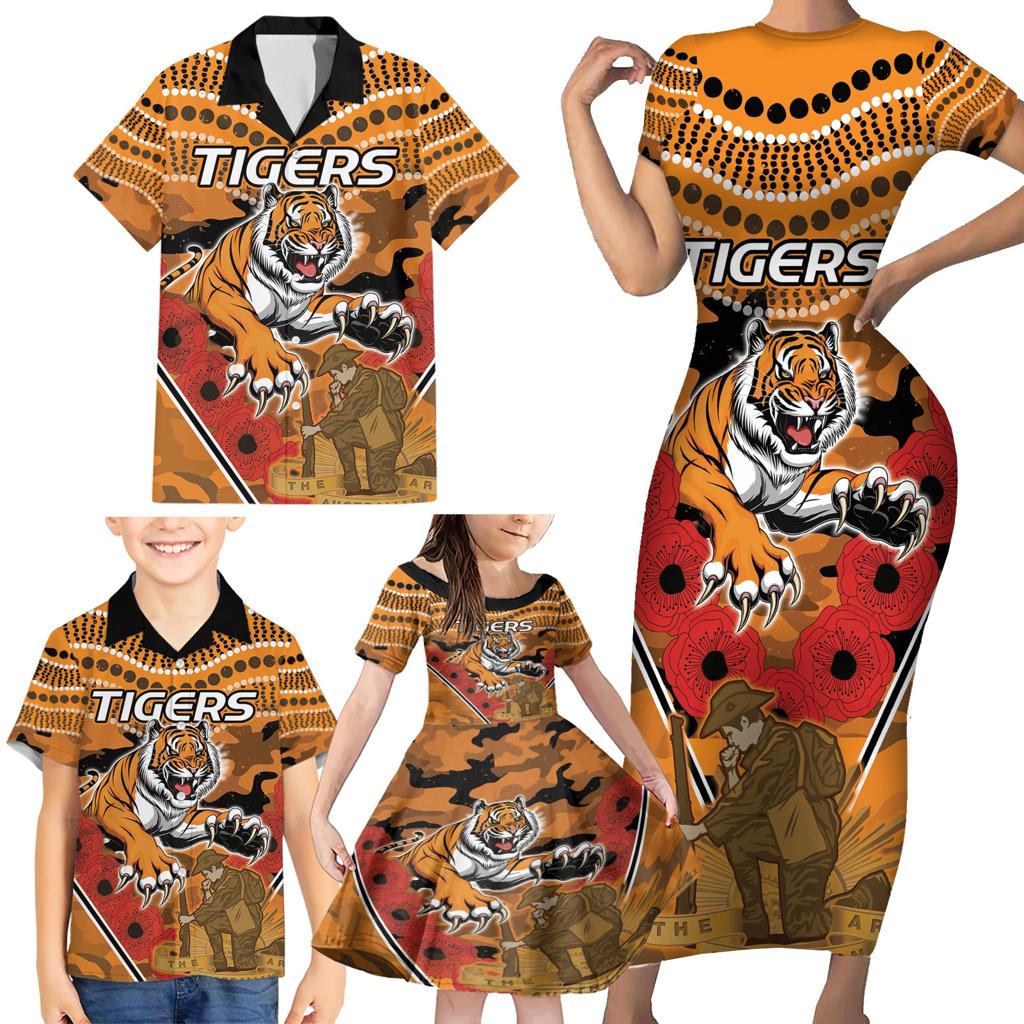 Custom Wests Tigers Rugby ANZAC Family Matching Short Sleeve Bodycon Dress and Hawaiian Shirt Aboriginal and Army Patterns