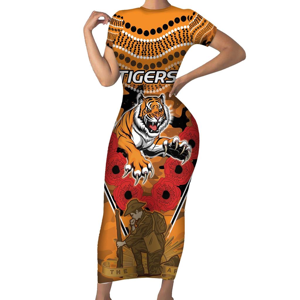 Custom Wests Tigers Rugby ANZAC Family Matching Short Sleeve Bodycon Dress and Hawaiian Shirt Aboriginal and Army Patterns