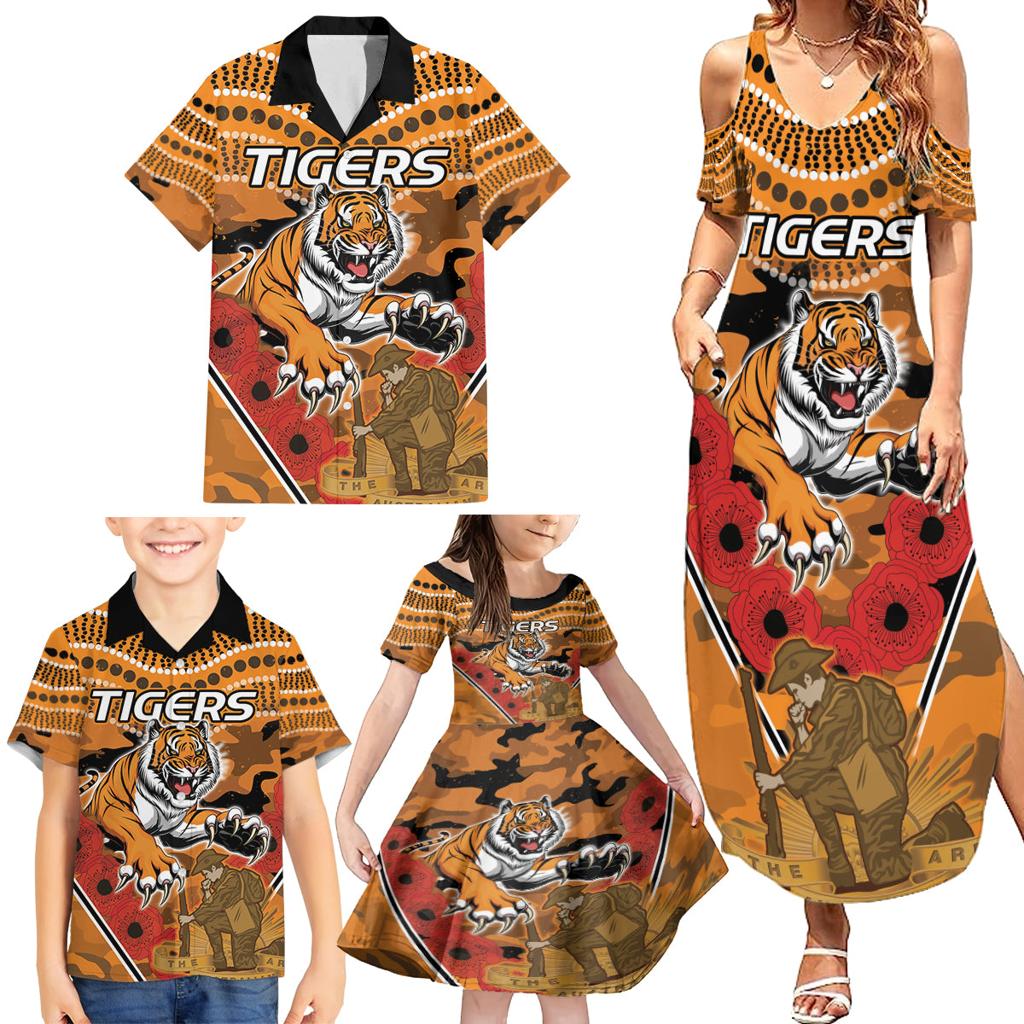 Custom Wests Tigers Rugby ANZAC Family Matching Summer Maxi Dress and Hawaiian Shirt Aboriginal and Army Patterns