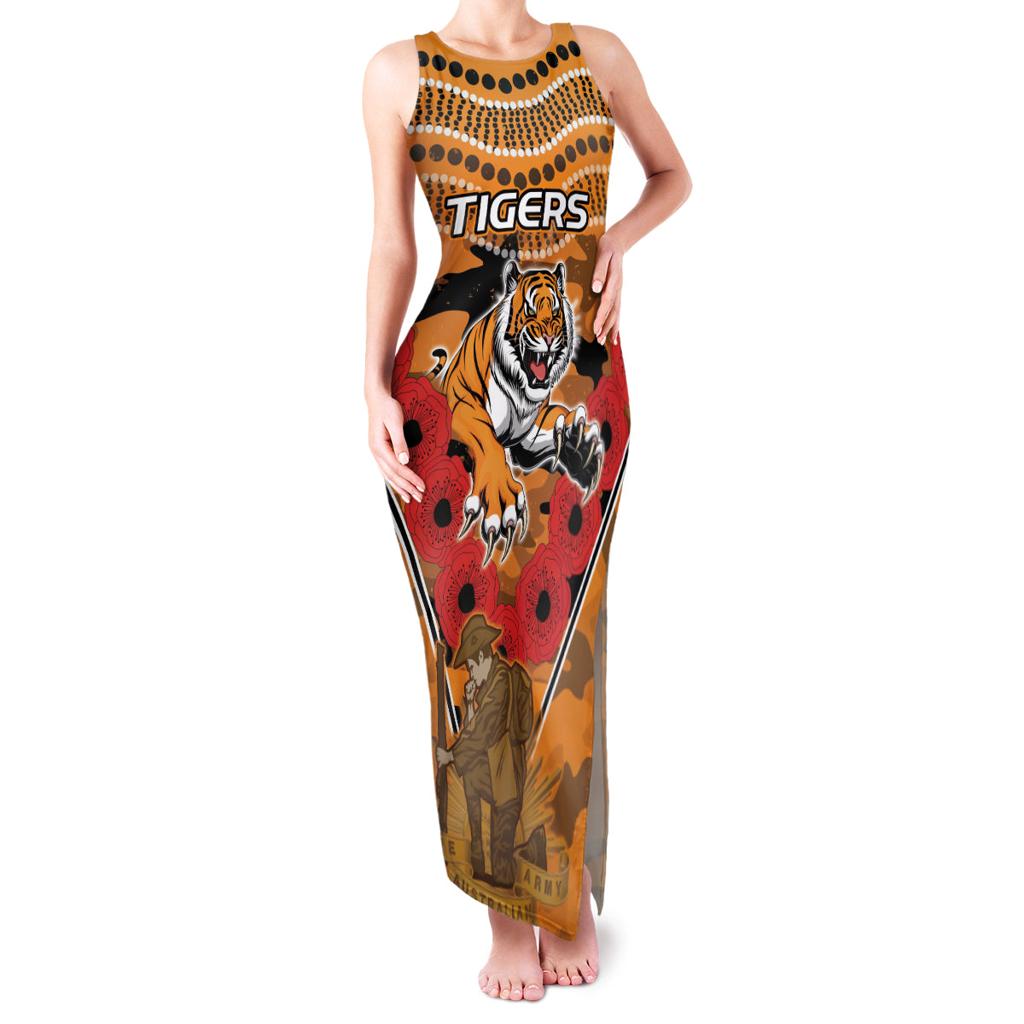 Custom Wests Tigers Rugby ANZAC Family Matching Tank Maxi Dress and Hawaiian Shirt Aboriginal and Army Patterns