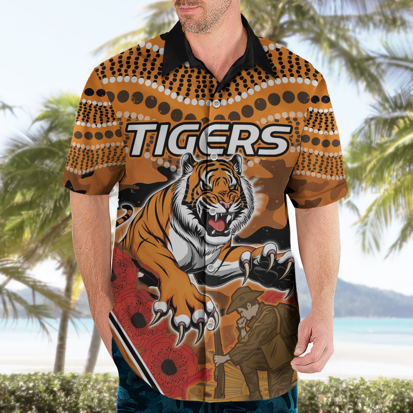 Custom Wests Tigers Rugby ANZAC Hawaiian Shirt Aboriginal and Army Patterns