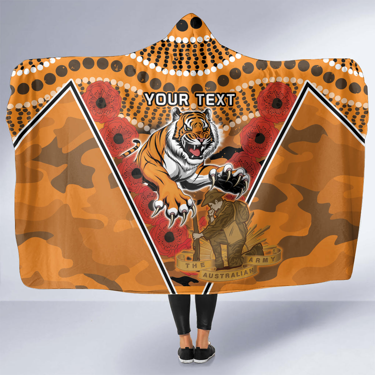 Custom Wests Tigers Rugby ANZAC Hooded Blanket Aboriginal and Army Patterns