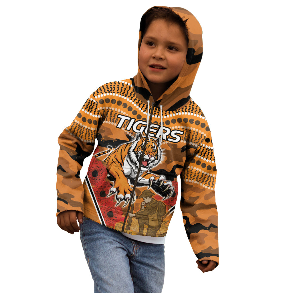 Custom Wests Tigers Rugby ANZAC Kid Hoodie Aboriginal and Army Patterns