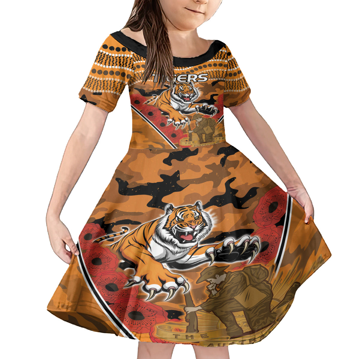 Custom Wests Tigers Rugby ANZAC Kid Short Sleeve Dress Aboriginal and Army Patterns