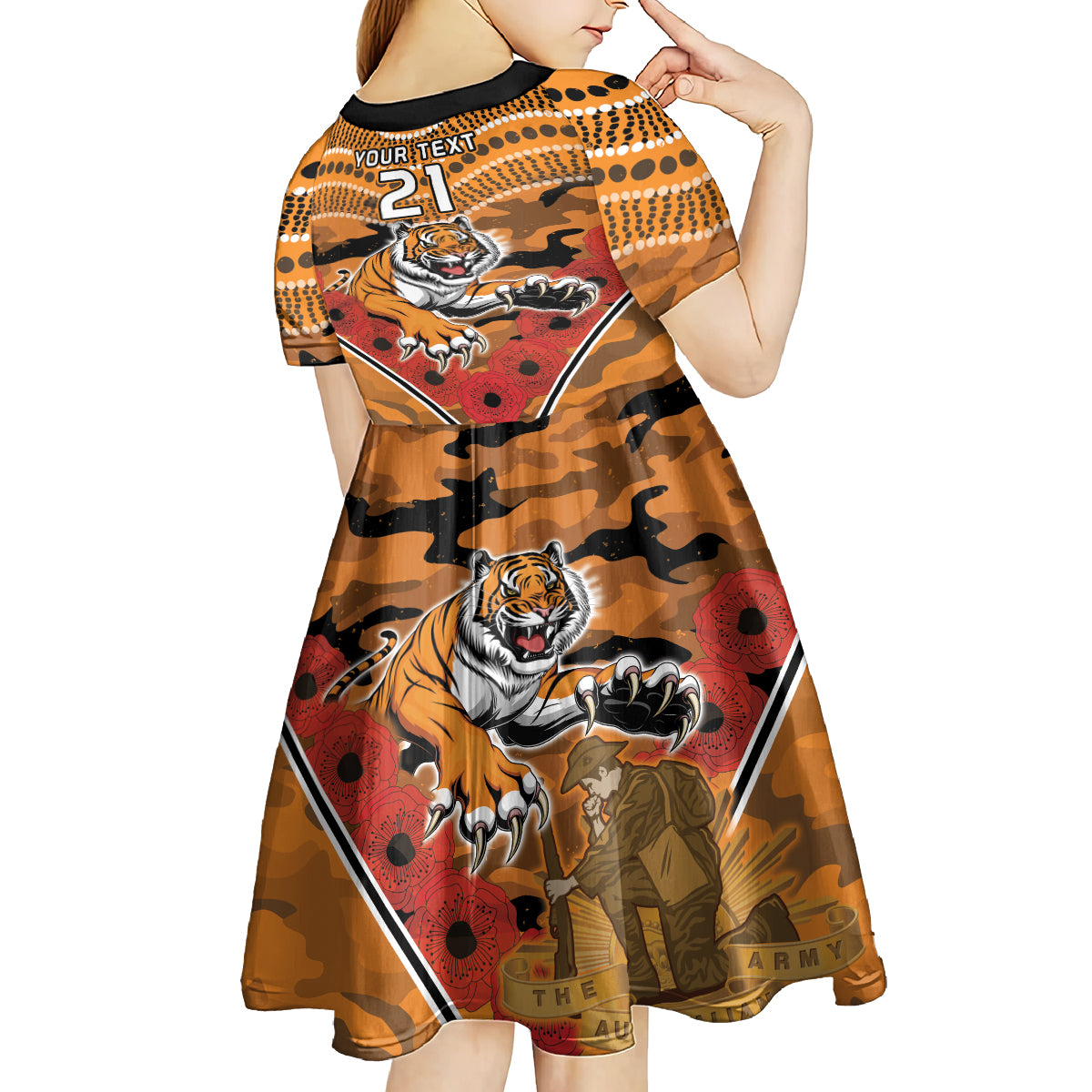 Custom Wests Tigers Rugby ANZAC Kid Short Sleeve Dress Aboriginal and Army Patterns