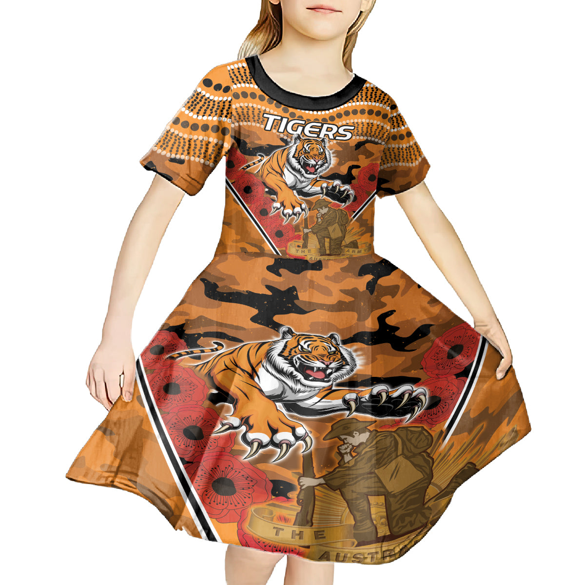 Custom Wests Tigers Rugby ANZAC Kid Short Sleeve Dress Aboriginal and Army Patterns