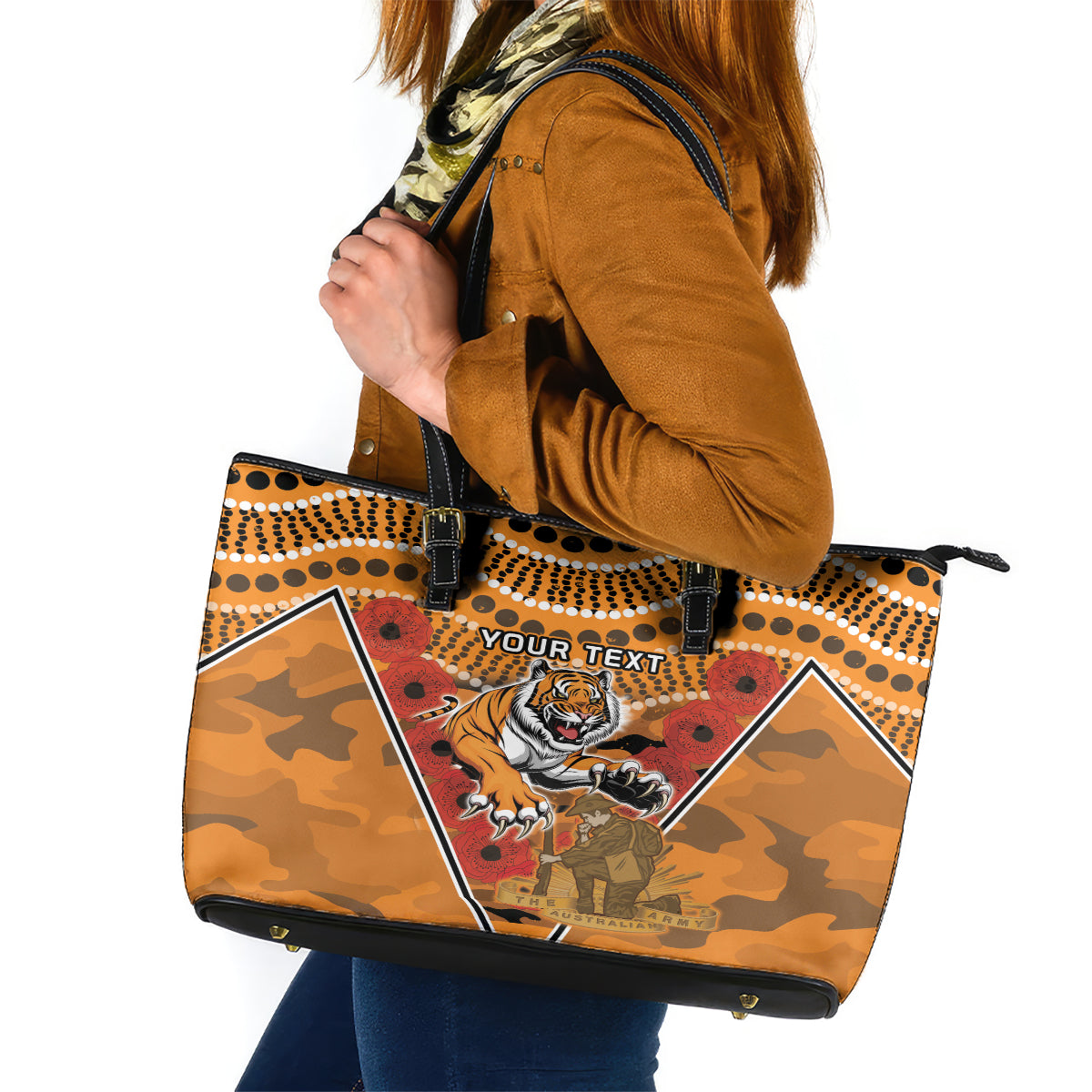 Custom Wests Tigers Rugby ANZAC Leather Tote Bag Aboriginal and Army Patterns