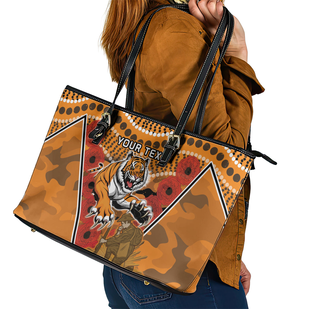 Custom Wests Tigers Rugby ANZAC Leather Tote Bag Aboriginal and Army Patterns