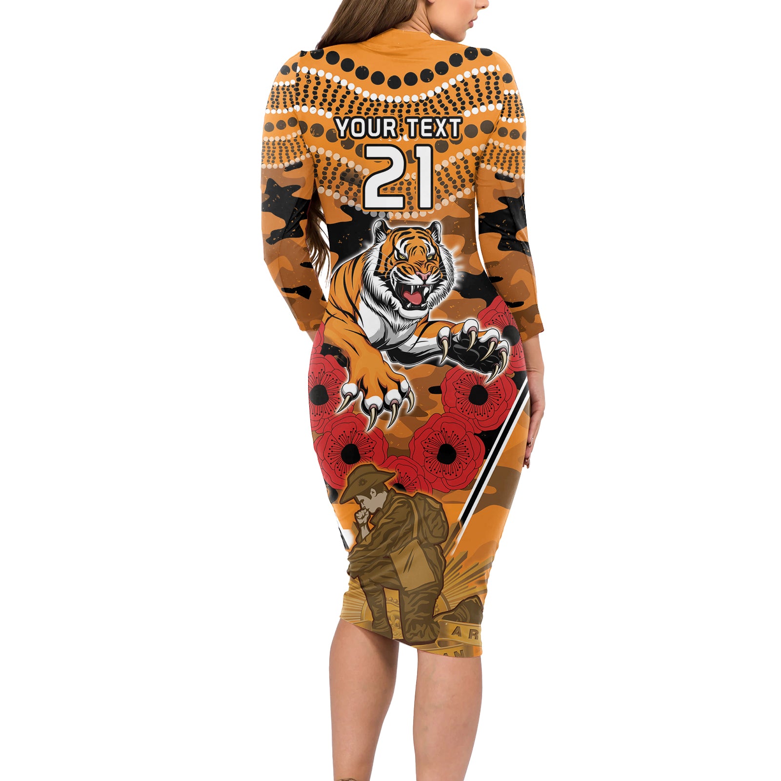 Custom Wests Tigers Rugby ANZAC Long Sleeve Bodycon Dress Aboriginal and Army Patterns