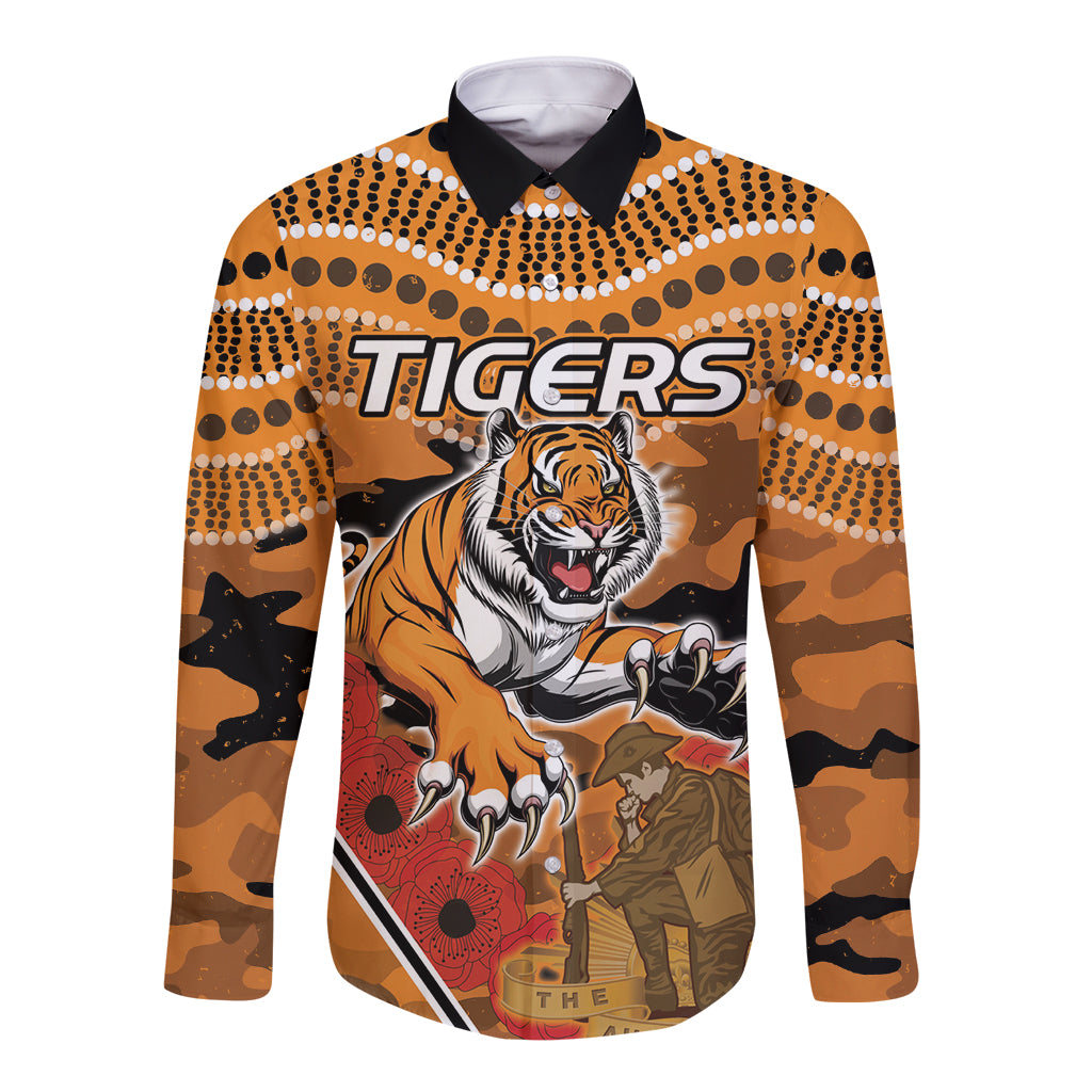 Custom Wests Tigers Rugby ANZAC Long Sleeve Button Shirt Aboriginal and Army Patterns