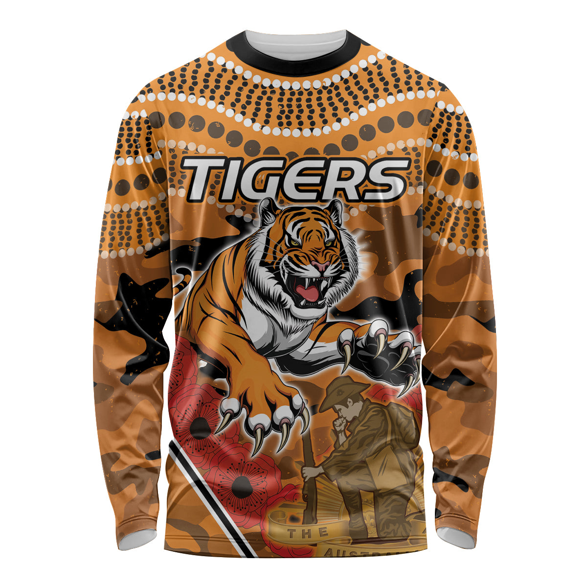 Custom Wests Tigers Rugby ANZAC Long Sleeve Shirt Aboriginal and Army Patterns