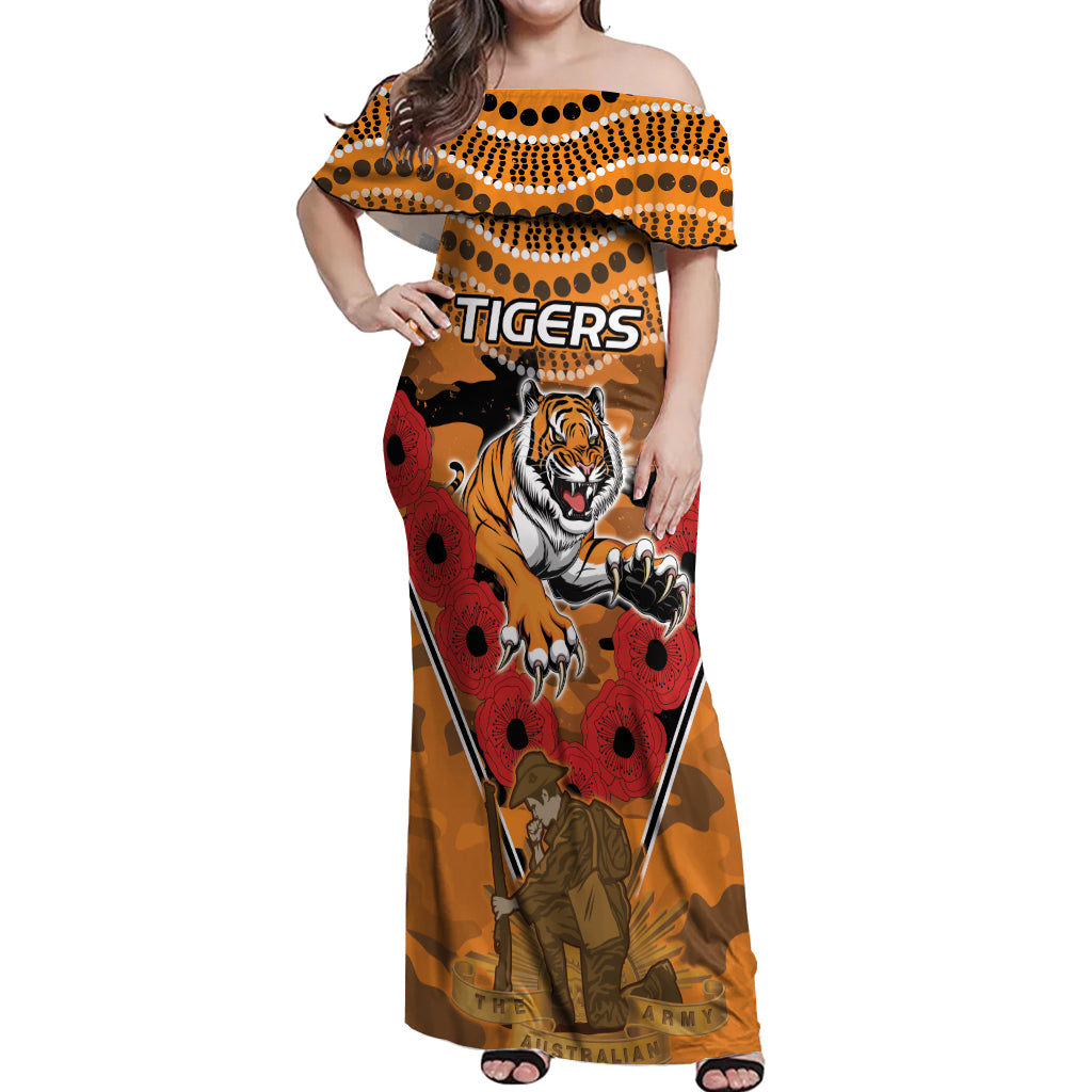 Custom Wests Tigers Rugby ANZAC Off Shoulder Maxi Dress Aboriginal and Army Patterns