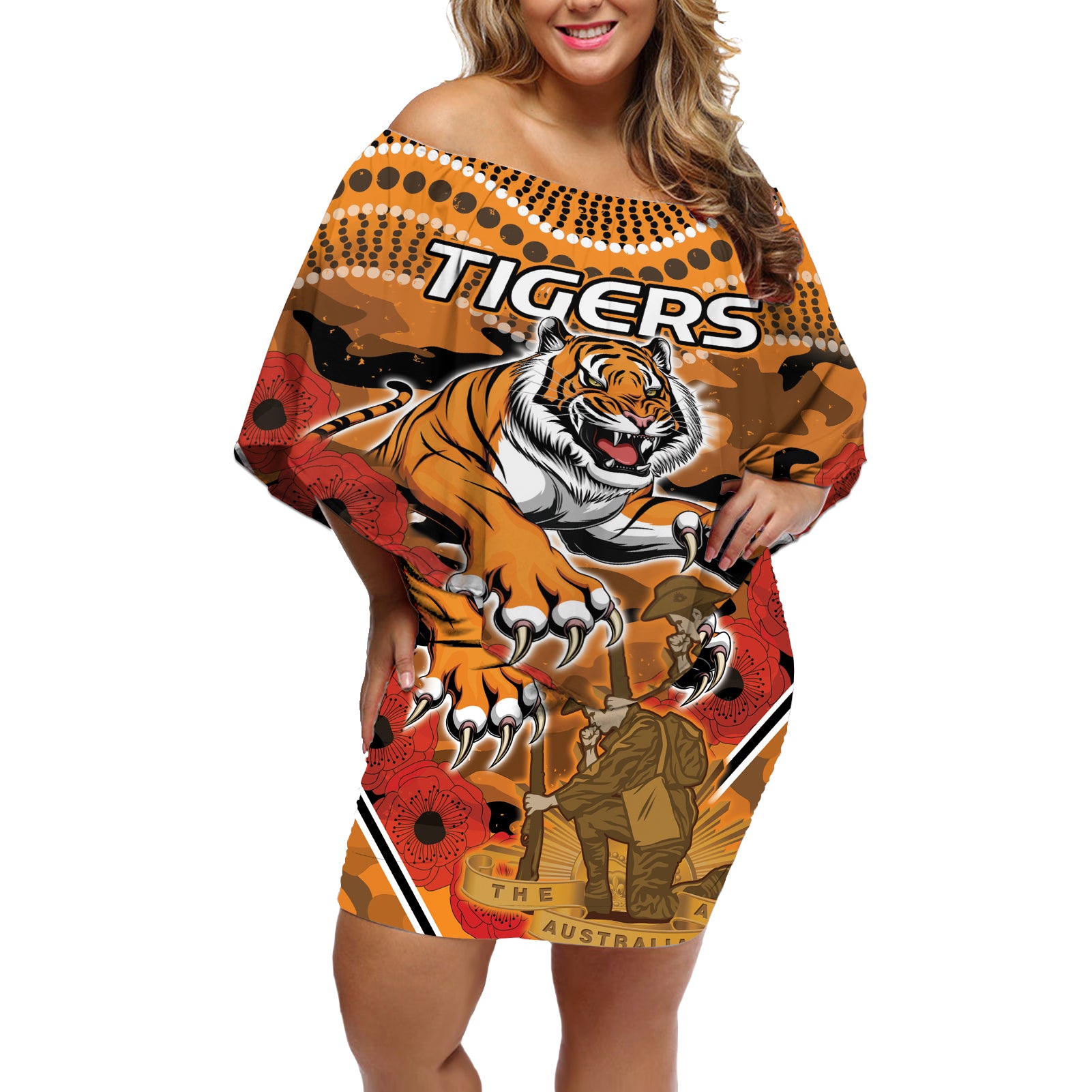 Custom Wests Tigers Rugby ANZAC Off Shoulder Short Dress Aboriginal and Army Patterns