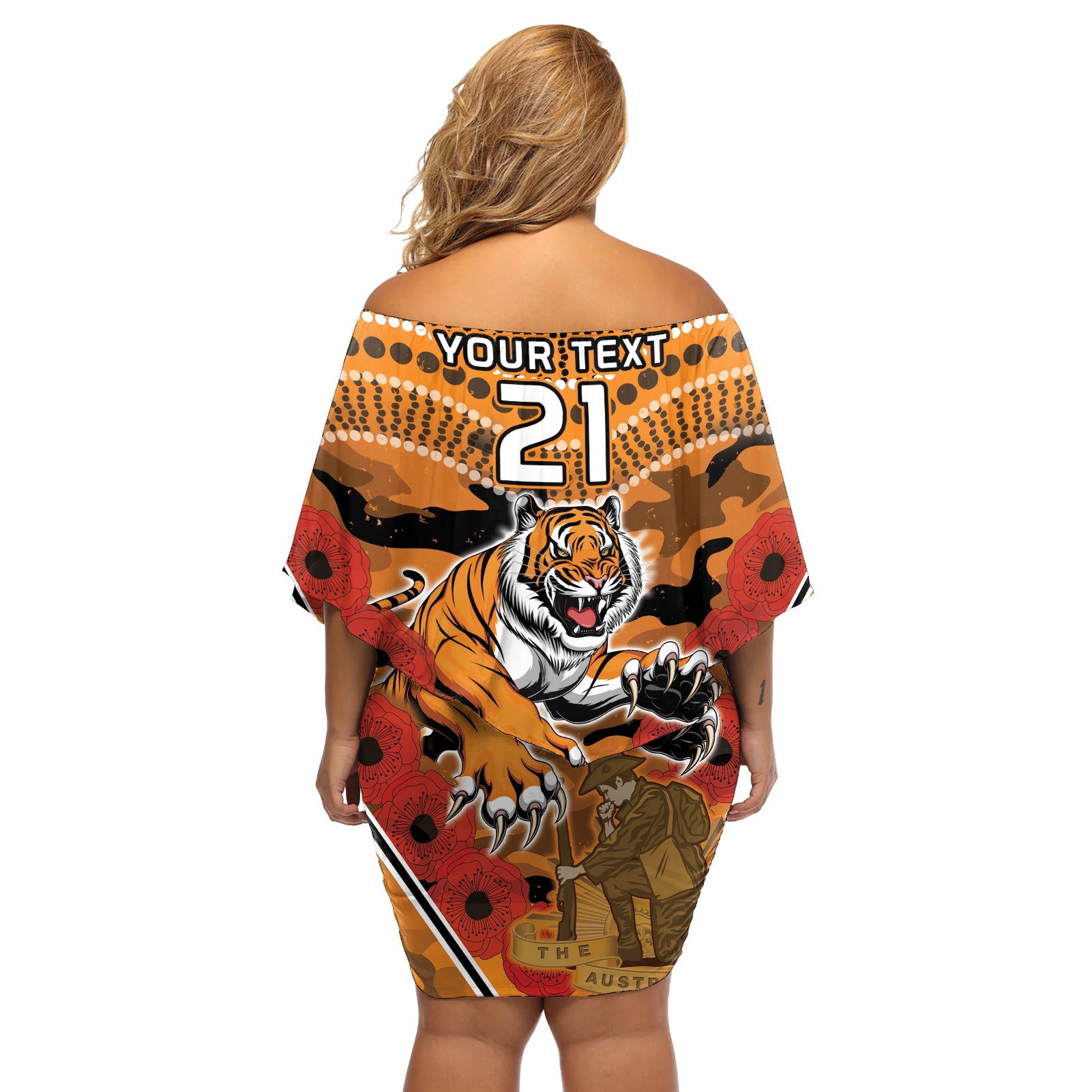 Custom Wests Tigers Rugby ANZAC Off Shoulder Short Dress Aboriginal and Army Patterns