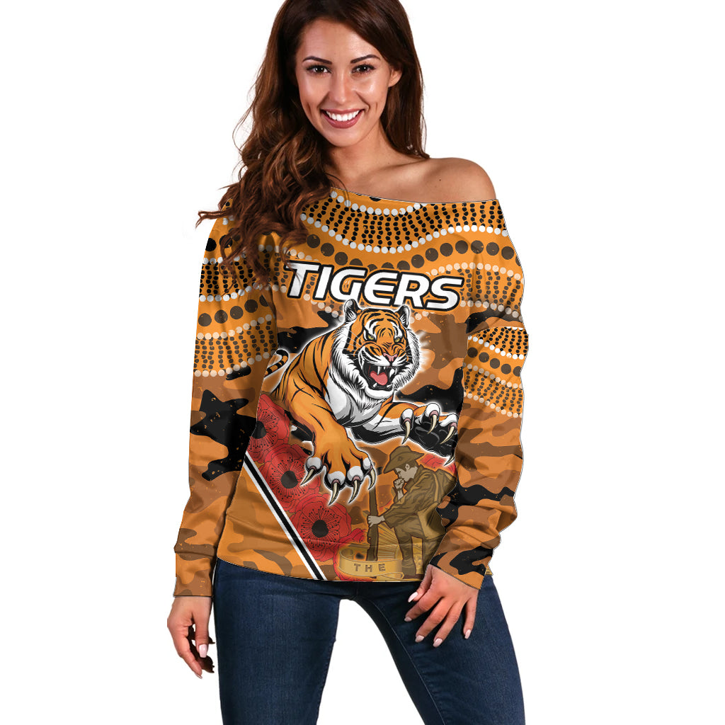 Custom Wests Tigers Rugby ANZAC Off Shoulder Sweater Aboriginal and Army Patterns