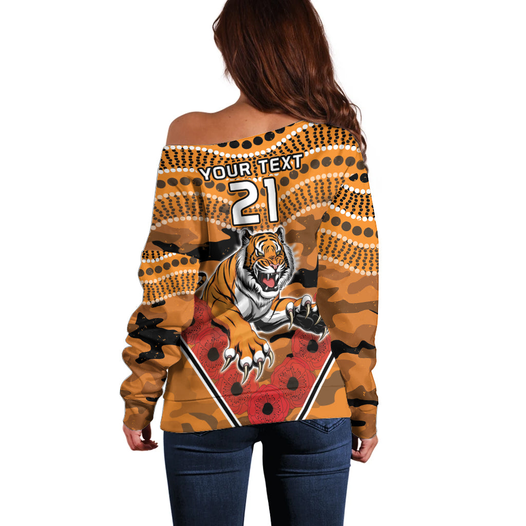 Custom Wests Tigers Rugby ANZAC Off Shoulder Sweater Aboriginal and Army Patterns