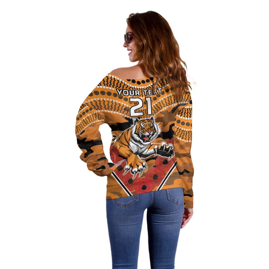 Custom Wests Tigers Rugby ANZAC Off Shoulder Sweater Aboriginal and Army Patterns