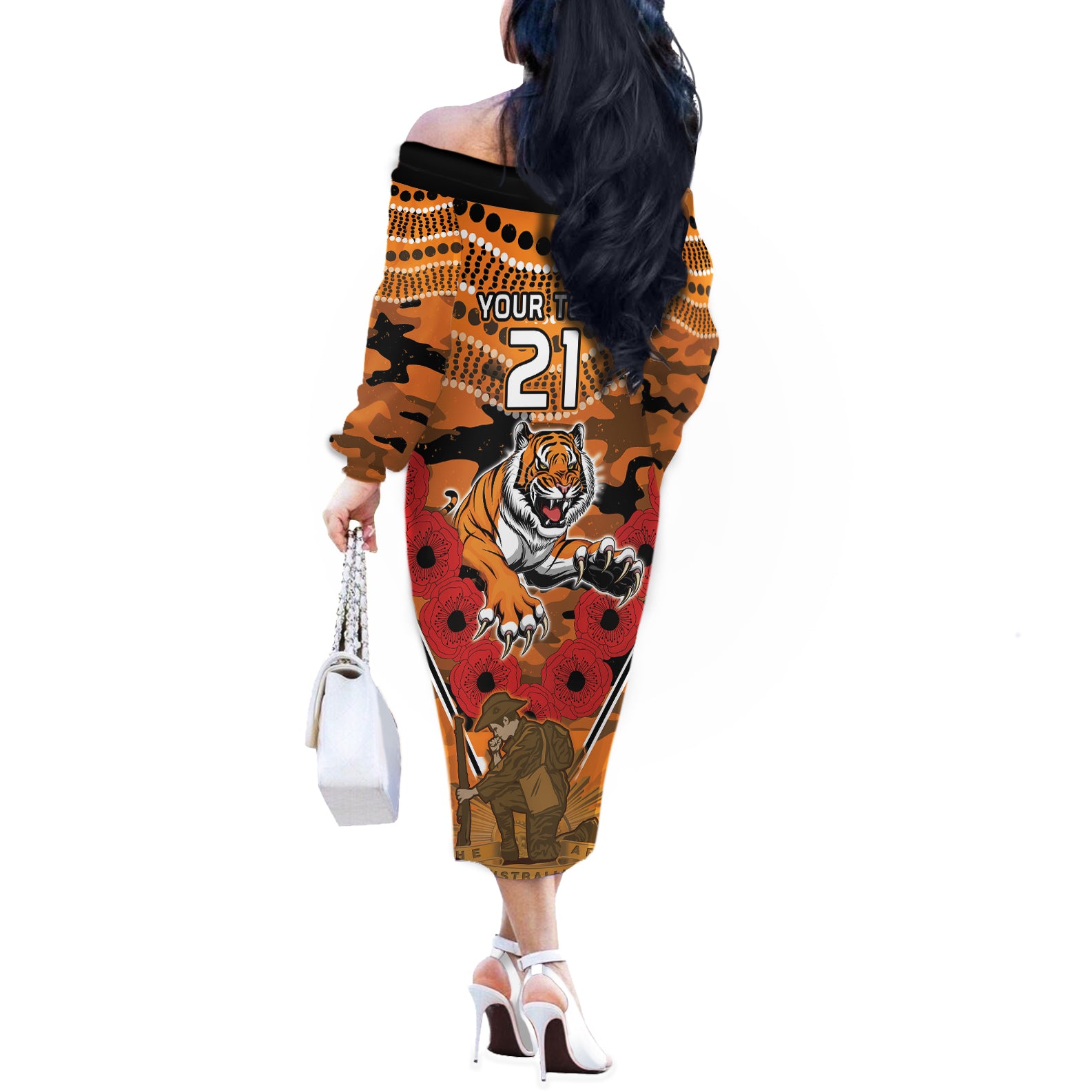 Custom Wests Tigers Rugby ANZAC Off The Shoulder Long Sleeve Dress Aboriginal and Army Patterns