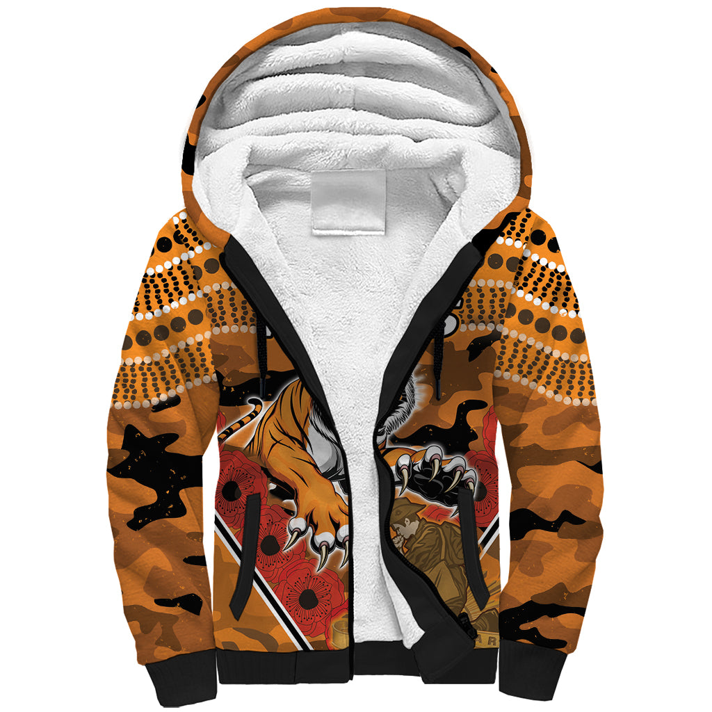 Custom Wests Tigers Rugby ANZAC Sherpa Hoodie Aboriginal and Army Patterns