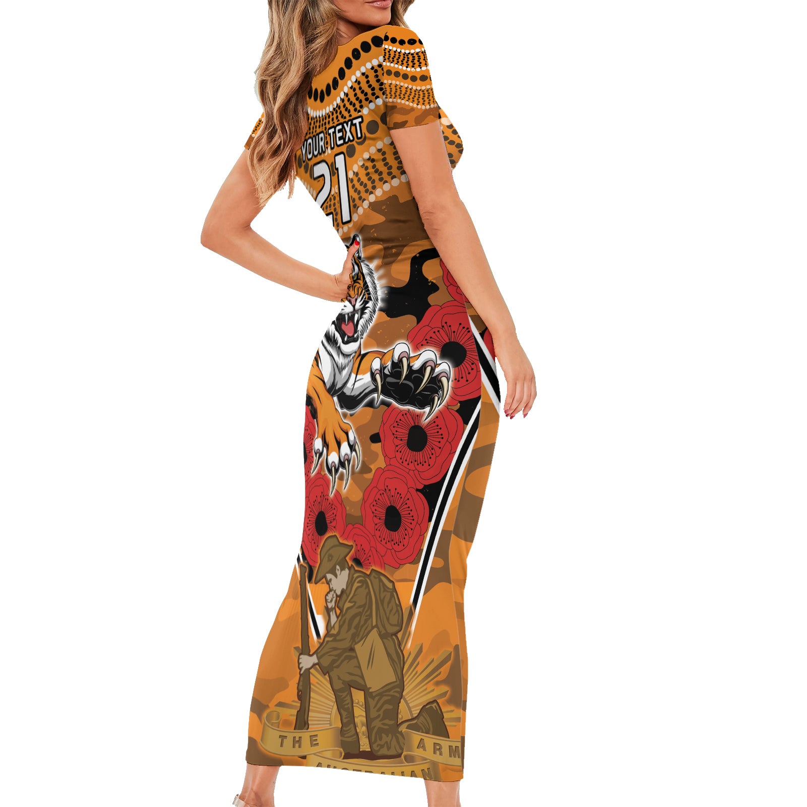 Custom Wests Tigers Rugby ANZAC Short Sleeve Bodycon Dress Aboriginal and Army Patterns