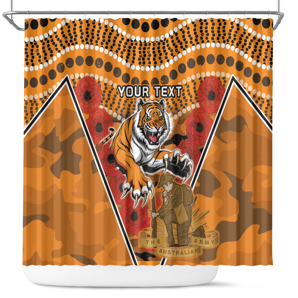 Custom Wests Tigers Rugby ANZAC Shower Curtain Aboriginal and Army Patterns