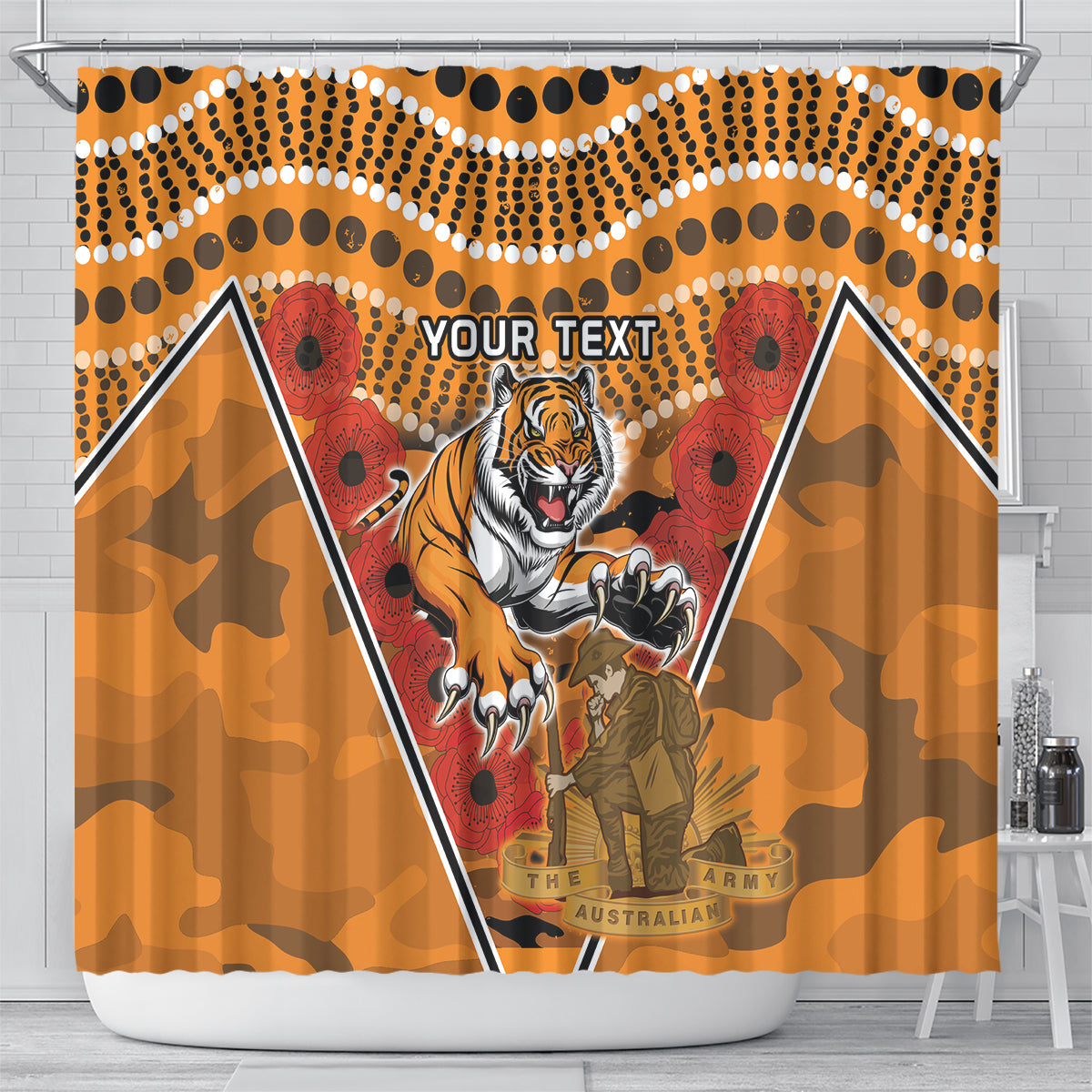 Custom Wests Tigers Rugby ANZAC Shower Curtain Aboriginal and Army Patterns