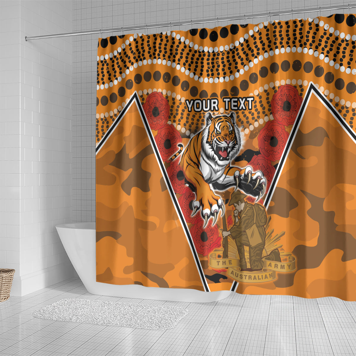 Custom Wests Tigers Rugby ANZAC Shower Curtain Aboriginal and Army Patterns