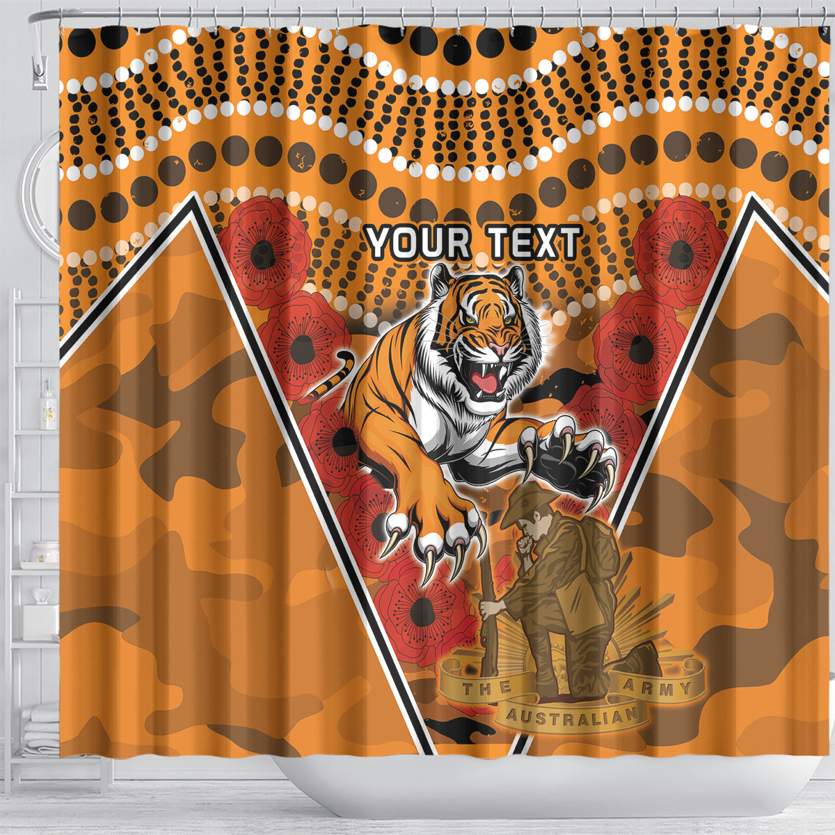 Custom Wests Tigers Rugby ANZAC Shower Curtain Aboriginal and Army Patterns