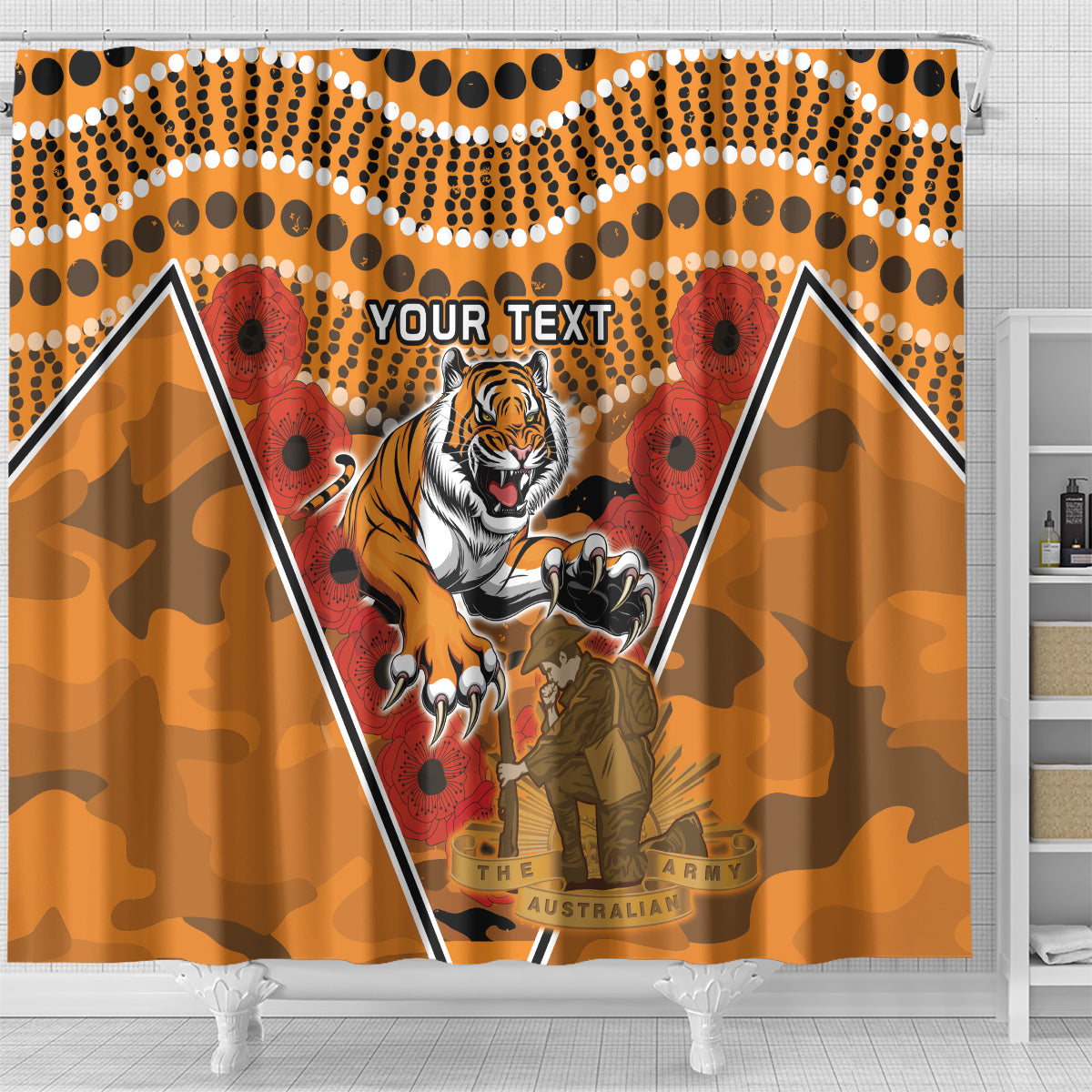 Custom Wests Tigers Rugby ANZAC Shower Curtain Aboriginal and Army Patterns