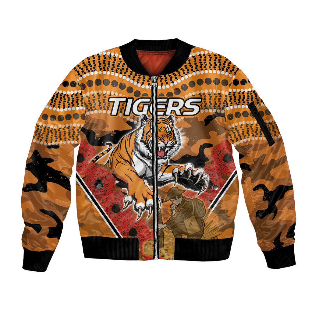 Custom Wests Tigers Rugby ANZAC Sleeve Zip Bomber Jacket Aboriginal and Army Patterns