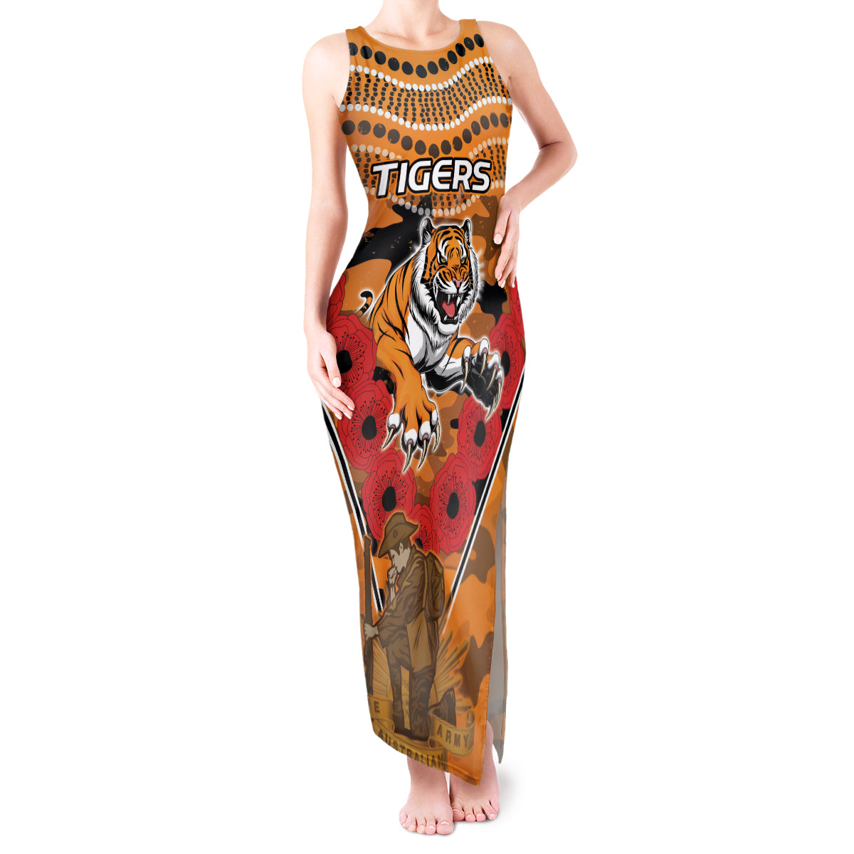 Custom Wests Tigers Rugby ANZAC Tank Maxi Dress Aboriginal and Army Patterns