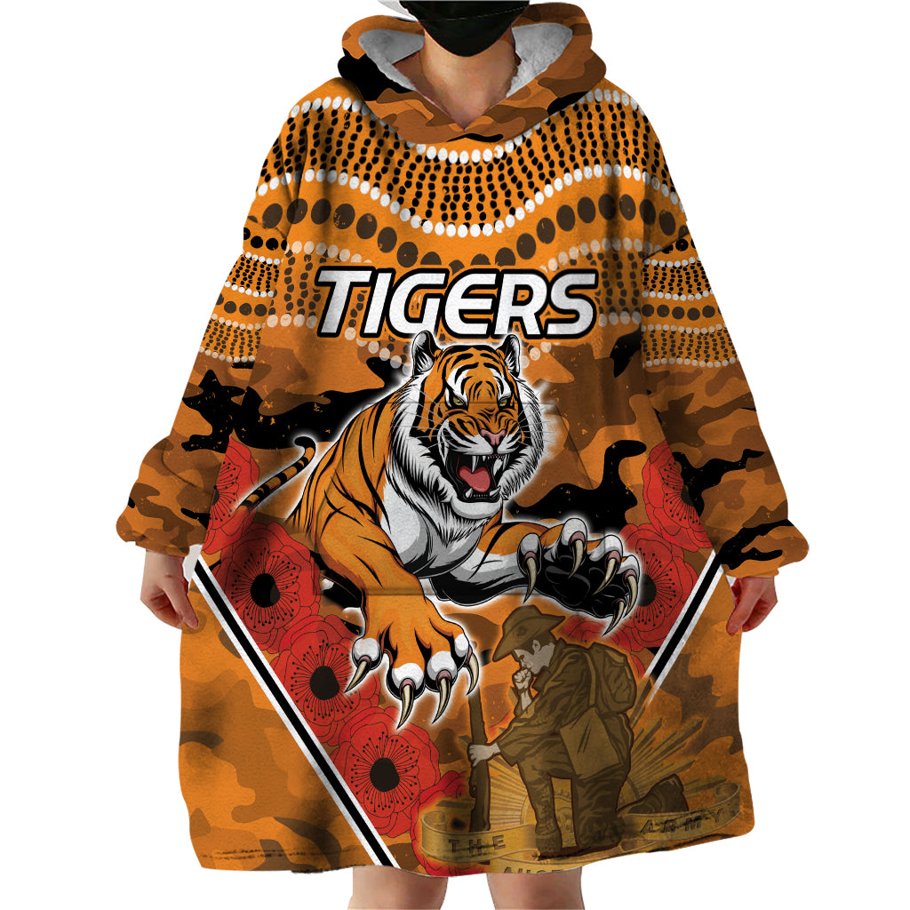 Custom Wests Tigers Rugby ANZAC Wearable Blanket Hoodie Aboriginal and Army Patterns