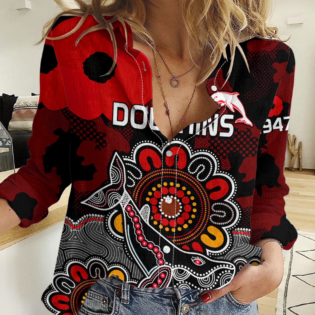 ANZAC Dolphins Rugby Women Casual Shirt Indigenous Circles and Waves LT9