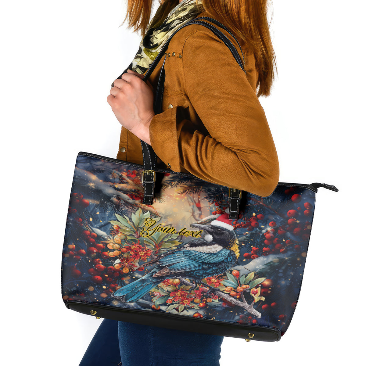 Personalised New Zealand Tui in Pohutukawa Leather Tote Bag Christmas in July