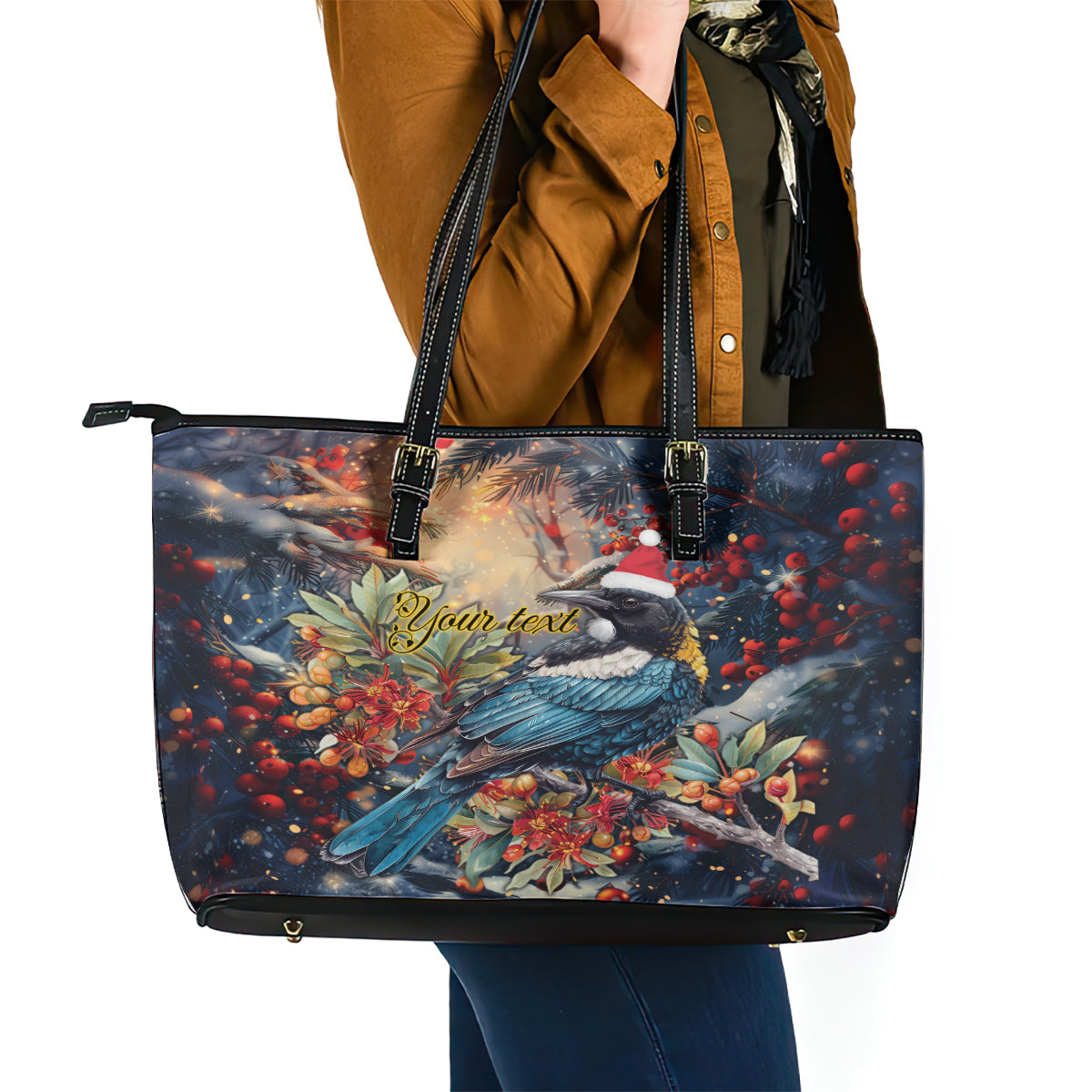 Personalised New Zealand Tui in Pohutukawa Leather Tote Bag Christmas in July