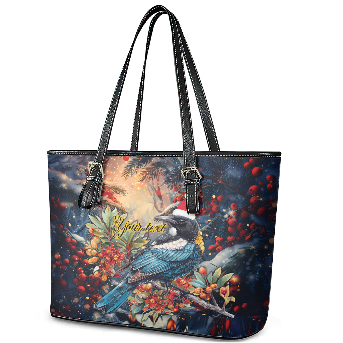 Personalised New Zealand Tui in Pohutukawa Leather Tote Bag Christmas in July