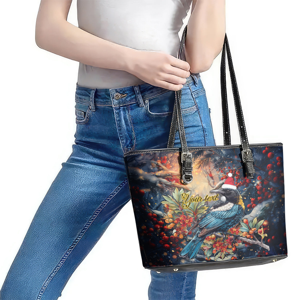 Personalised New Zealand Tui in Pohutukawa Leather Tote Bag Christmas in July