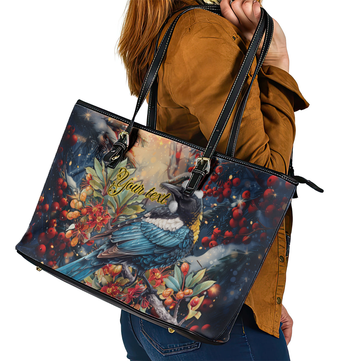 Personalised New Zealand Tui in Pohutukawa Leather Tote Bag Christmas in July