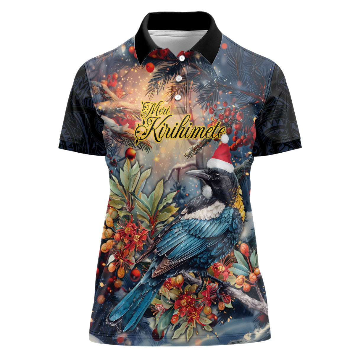 Personalised New Zealand Tui in Pohutukawa Women Polo Shirt Christmas in July