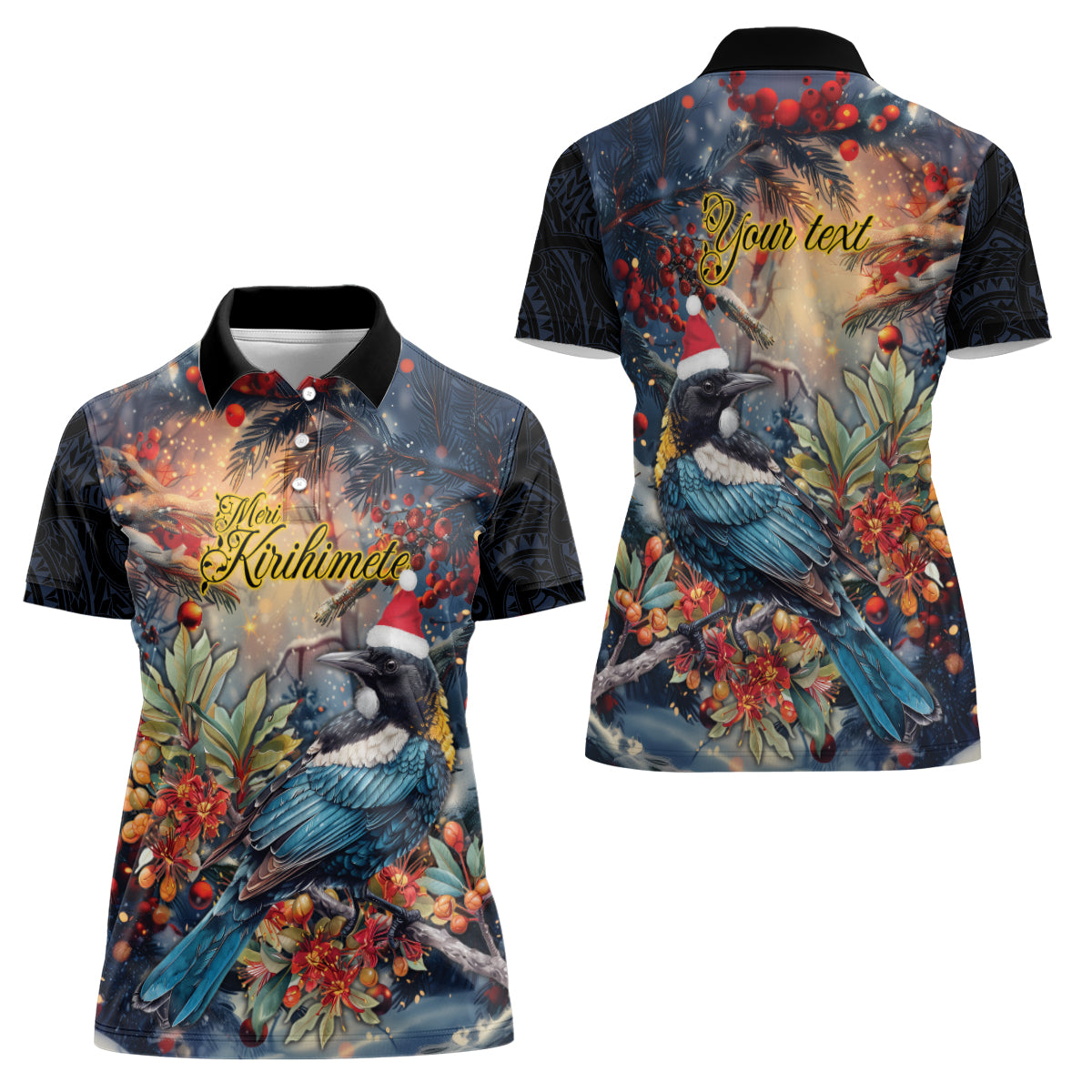 Personalised New Zealand Tui in Pohutukawa Women Polo Shirt Christmas in July