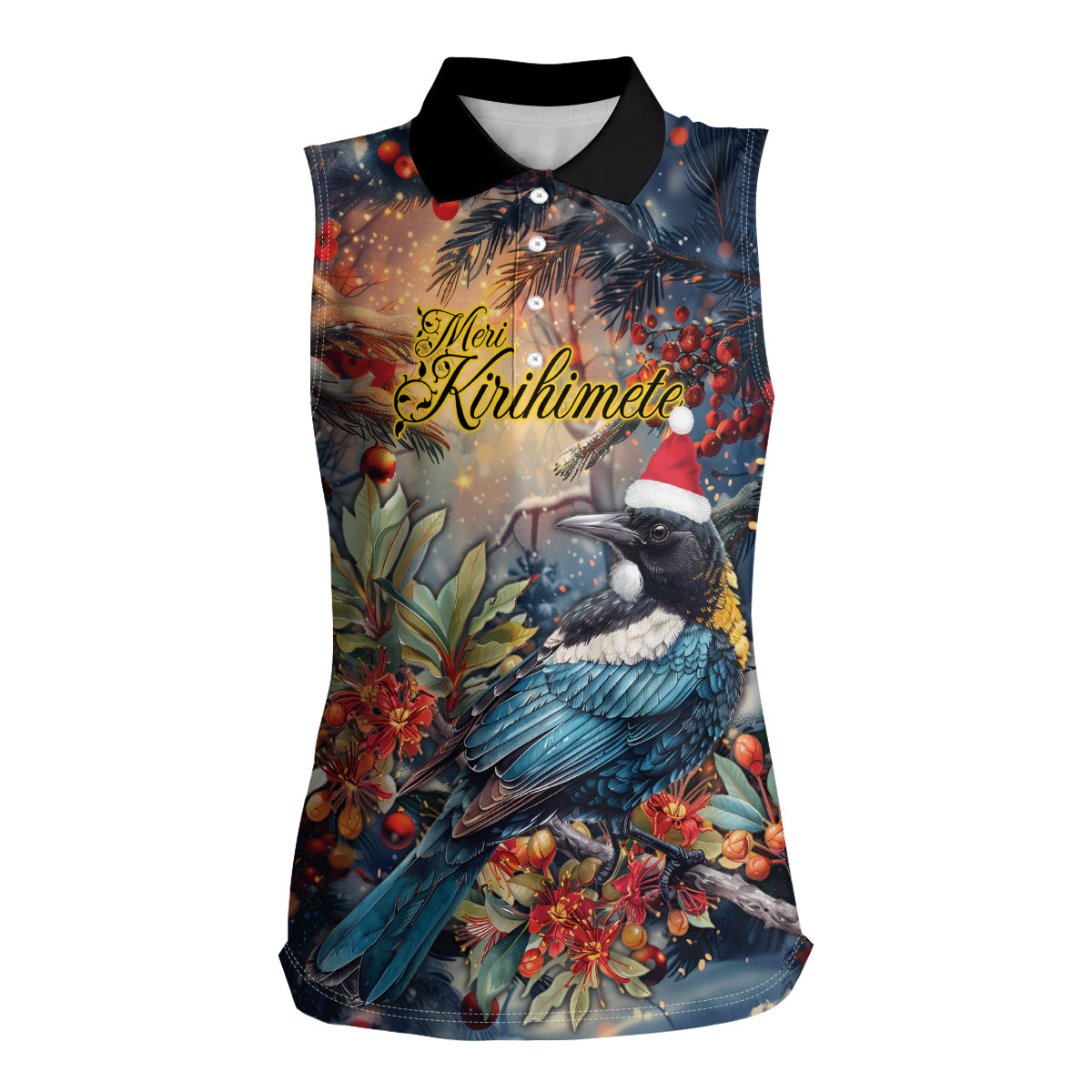 Personalised New Zealand Tui in Pohutukawa Women Sleeveless Polo Shirt Christmas in July