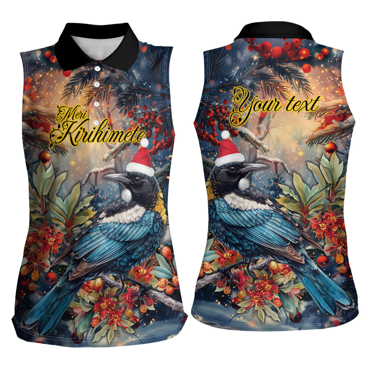 Personalised New Zealand Tui in Pohutukawa Women Sleeveless Polo Shirt Christmas in July